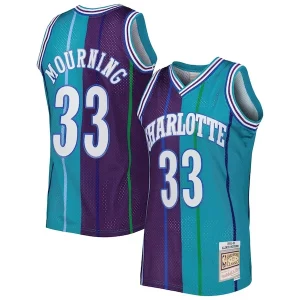 Alonzo Mourning Charlotte Hornets Hardwood Classics Incontournable 1992/93 Split Swingman Jersey Teal/Purple